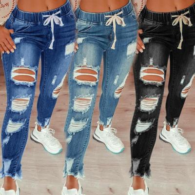 China Fade Proof New Arrivals Fashion Color Skinny Light Blue Denim Pants Ripped Hole Women Jeans Ropa De Mujer Women Jeans for sale