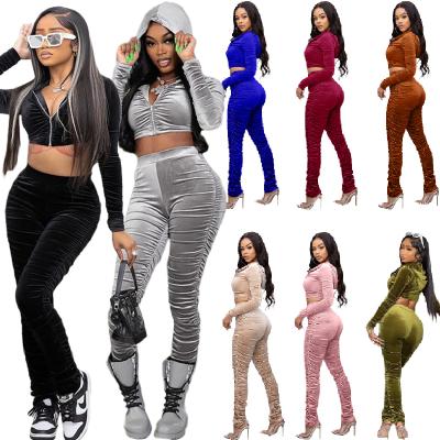 China 2022 New Arrival Viable Sports Velvet Zipper Hoodies Crop Two Sets Of Pieces Top And Ruched Sports Tracksuit Women for sale