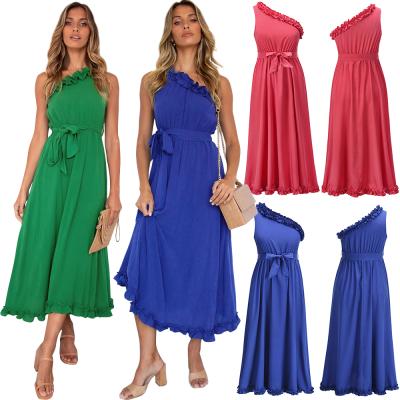 China Plus Size 2022 Hot Selling Women Bodcon Ruched One Shoulder Ruffle Maxi Dress for sale