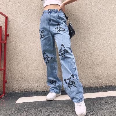 China Sustainable Vintage Color Butterfly Printed High Waist Wide Leg Long Straight Denim Pants Harajuku Casual Women's Jeans for sale