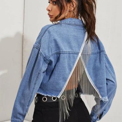 China High Street Waterproof Women's Denim Jacket Fringe Back Split Short Cropped Denim Coat Rhinestone Tassel Jeans Outerwear Female for sale