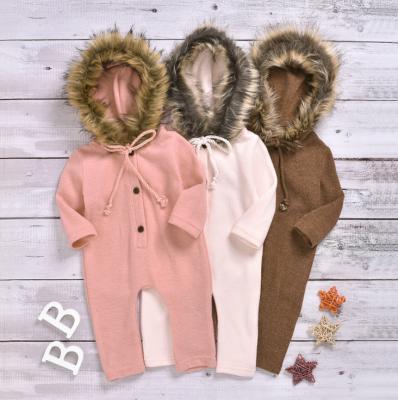 China Custom 100% Cotton Newborn Baby Clothes Plain Dyed Baby Knitted Sweater with Fur Hood Romper Winter Hooded Overalls for sale