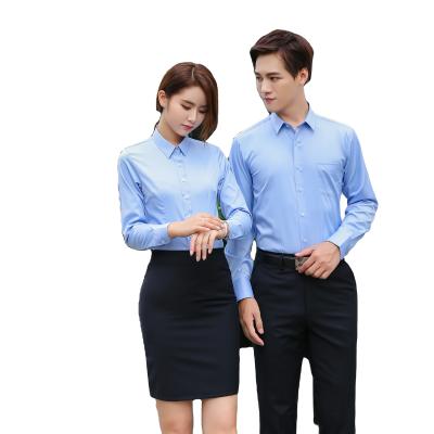 China 2020 hot sale blue long sleeve office anti-shrink stylish shirts for women and men for sale