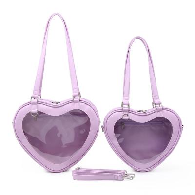 China Custom Clear Heart Shaped Window Bag AIE Fashion Messenger Bag PU Pin Uniform Display Bag for sale