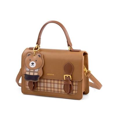 China 2022 Newest Design Kawaii Fashion Girl Plaid Bear Leather Tote Shoulder Bag Custom Pu Waterproof Dangle Ladies Ted Bag Jk Uniform Bag for sale