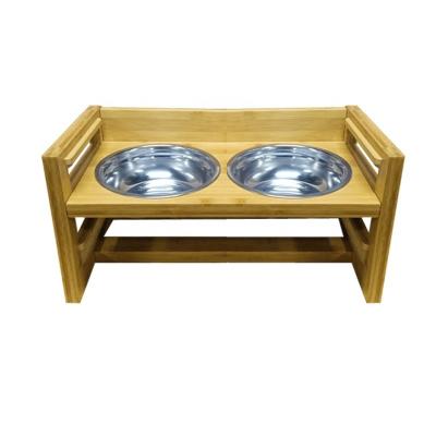 China Sustainable Wooden Food and Water Bowls Stand Feeder for Dogs and Cats Pet Bamboo Feeder with 2 Stainless Steel Bowls for sale