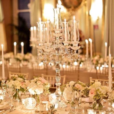 China Hot Sale 39inch Classic Hurricane Tall Glass Candelabra 5 Candles Wedding Decorations for sale