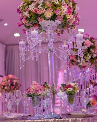 China Classic hot sale table use glass candelabra wedding crystal decorations with flower bowl for decorative for sale