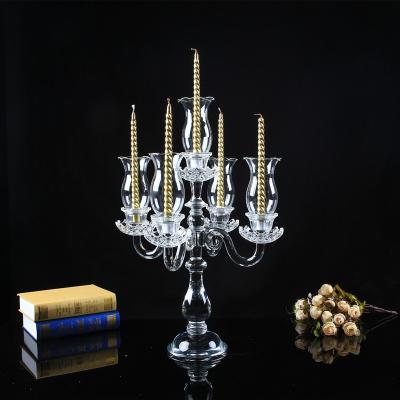 China Morden shinning 5 arms wedding centerpiece crystal candelabra with lampshade for sale