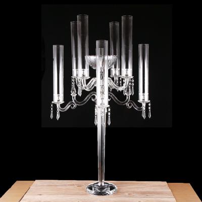 China Hanging Crystal Candelabra Cylinder Table Wedding Centerpiece from Europan with Flat Flowers on Top for sale