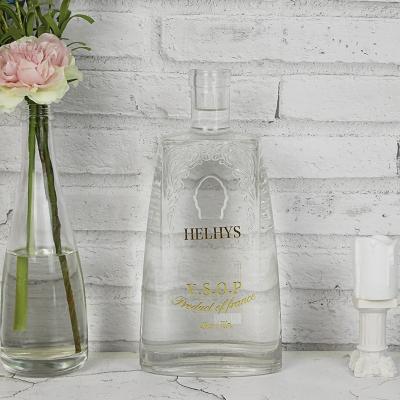 China Wine Engraving Flint Alcohol Glass Superb 750ml Flat Square Bottle With Decoration for sale