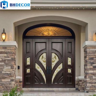 China Sound Insulation Living Room Front Door Around With Oval Tempered Glass Exterior Home Design Wood Entrance Double Inserts Side Panels for sale