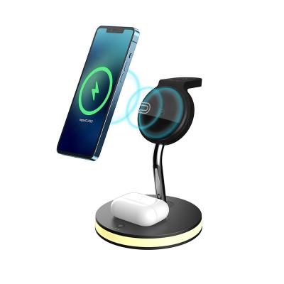 China Smart Watch Qi Certified 2021 Wireless Charger 3 in 15w Magnetic Wireless Charger Night Light for iphone 13 for sale