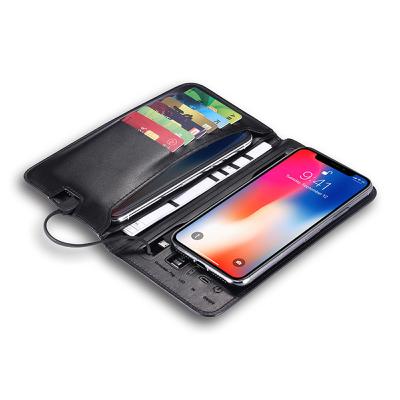 China 2 Phones and Power Bank Portable Ultra Thin Leather Wallet Power Purse Credit Card Pocket Wireless Charging Power Bank for sale