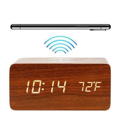 China 3 Alarms LED Display Wooden Digital Alarm Clock Phone Wireless Charger, 3 Alarms LED Display, Sound Check and Nap Dual for Bedroom, Bedside for sale