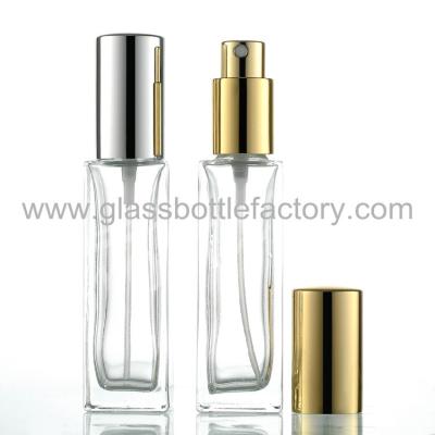 China 20ml Clear Tall Square Glass Perfume Bottle With Cap and Sprayer for sale