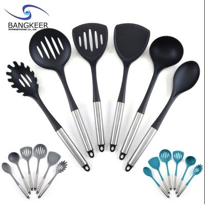 China Sustainable 6Pcs Food Grade Silicone Stainless Steel Kitchen Utensils Set Kitchenware Cooking Tool Kits for sale