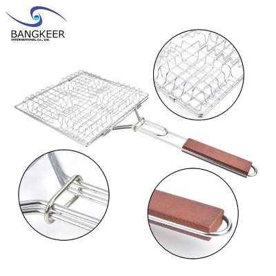 China Factory Price Easily Cleaned BBQ Grill Net Stainless Steel Folding BBQ Grilling Mesh With Silicone Handle for sale