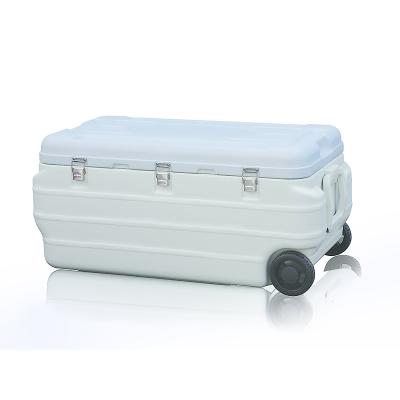 China Waterproof Large Size Cool Insulation PU 170L Ice Bin Cooler Box Cooler Box With Wheels for sale