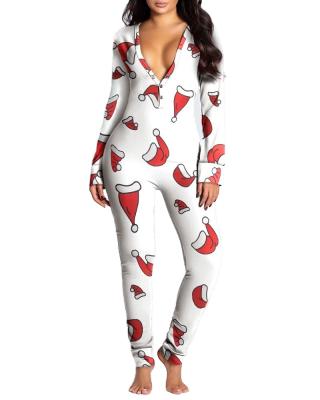 China Christmas Pajamas QUICK DRY Winter Set Woman Long Sleeve Jumpsuit Print V-Neck One-Piece Sleepwear for sale