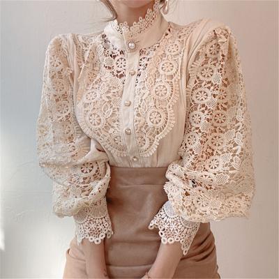 China Anti-pilling Petal Sleeve Stand Collar Hollow Out Flower Lace Patchwork Shirt All-match Women Lace Up Blouse Button for sale