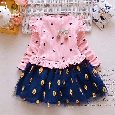 China Breathable Spring And New Autumn Baby Female Long Sleeve Cute Leaves Mesh Dress Love Quilting Skirt for sale