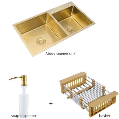 China Faucet Gold Free Stainless Steel Hand-thickened 4mm Double Bowl With Drains Above Counter Nano-Liner Kitchen Sinks for sale