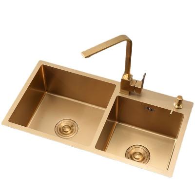 China Without Faucet Gold Nano Kitchen Sink Double Bowl 304 Stainless Steel With Vegetable Basin Basket Drainer And Soap Dispenser for sale