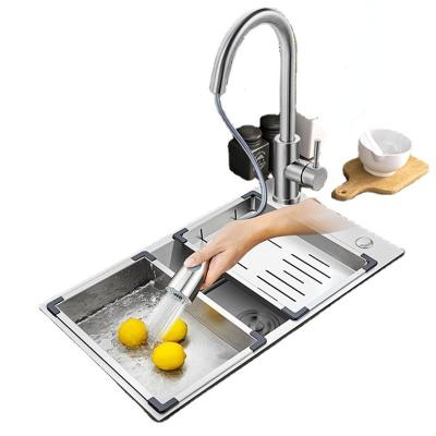 China With Faucet Kitchen Sink 201/304 Stainless Steel Nano Side Hole Thickened Wash Basin With Pull Out Faucet Drain Basket Above Counter for sale