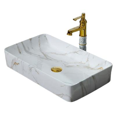 China With Faucet Elegant Nordic Minimalist Marble Ceramic Sink Above Counter Bathroom Porcelain Square Wash Basin With Drainer And Gold Faucet for sale