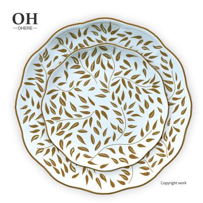 China Ohere Sustainable Gold Leaves Pattern Flower Shape Bone China Dinner Plate Porcelain Dishes For Catering&Events Ceramic Dish Dinnerware Set for sale