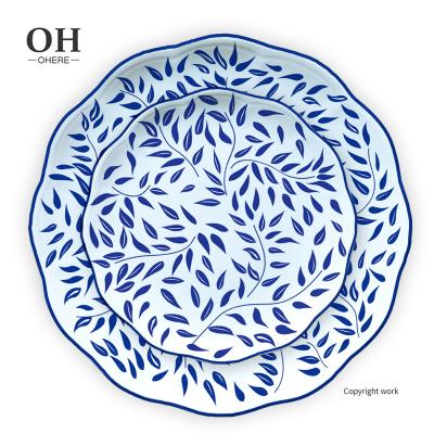 China Ohere Viable Flower Shape Bone China Dinner Dish Blue Leaves Pattern Porcelain Dishes For Catering&Events Ceramic Dish Dinnerware Set for sale