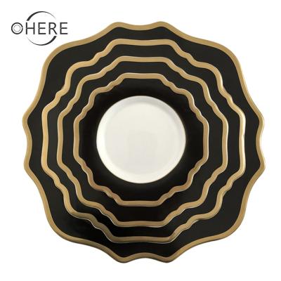 China Sustainable Wedding Porcelain Dinnerware Sets With Gold Rim Black Ceramic Charger Dish For Wedding&party&catering for sale