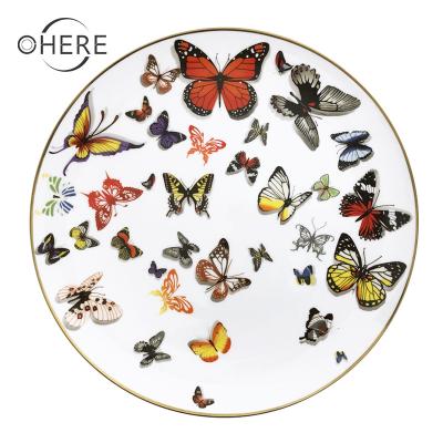 China Viable Colorful Butterflies Print Bone China Dishes Tableware Sets Chargers 12inch Plate Party Wedding Dishes Wholesale Dish for sale