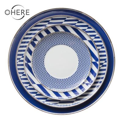 China Retro Viable Creative Blue Striped Japanese Style Bone China Restaurant Main Dish Pizza Dish for sale