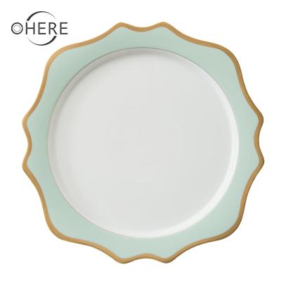 China Ohere Sustainable Wedding Tableware Gold Rim Macron Sunflower Green Charger Plates Wedding Decoration for sale