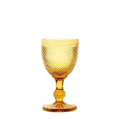 China Sustainable Wedding Supplies Unique Crystal Cup Wine Glass Goblet Amber Colored Embossed Water Goblets On Sale For Wedding Wine Cup for sale