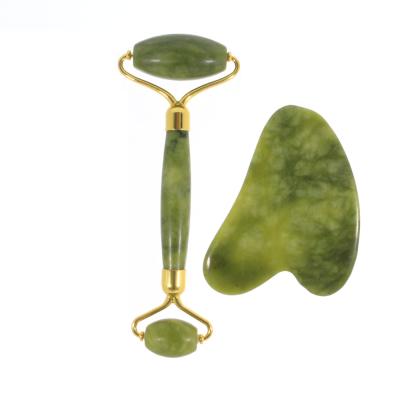 China Hot face lift amazon jade green roller and gua sha set scraping,roller jade stone with guasha for face facial massager for sale