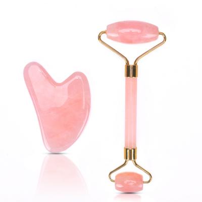 China Double rollers health product rose quartz jade roller set jade roller and gua sha for face jade guasha facial massage for sale