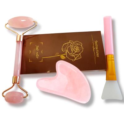 China 2021 double rollers health beauty products jade roller gua sha set for face quartz roller guasha facial massage set for sale