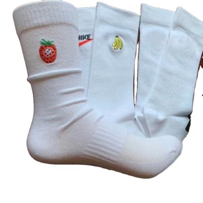 China Foreign trade cotton fruit embroidery socks white sports antibacterial factory custom made high quality long tube fashion soft men's socks for sale