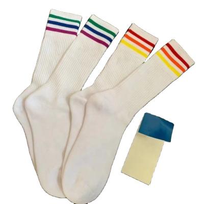 China Factory Custom LOGO Antibacterial High Quality Pure Cotton Rainbow Stripe White Female Stockings Thickened Terry Sports Leisure Student Men for sale