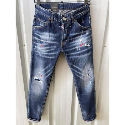 China Pencil pants 2023 spring and summer new D2 jeans shape men wash worn hole patch paint small foot jeans slim fit men for sale