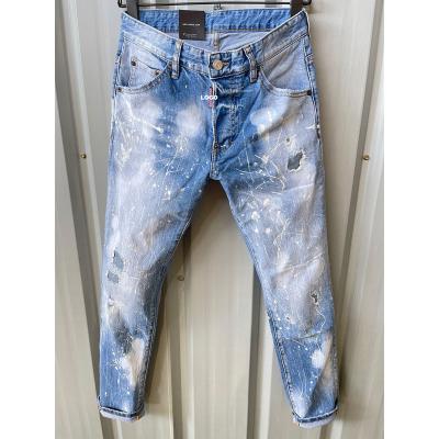 China Pencil pants 2023 spring and summer wash wear hole patch paint fashion thin stretch jeans D2 embroidered straight rainbow jeans men for sale