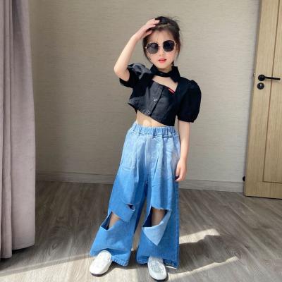 China QUICK DRY Long Hole Knickers Girls Kids Wide Leg Hop Hip Pants Jeans and T-shirts for sale