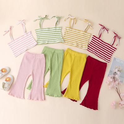 China Breathable children's stripes beach the upper bell bottom pants fashion children 2021 summer fashionable children's two-piece outfits for sale