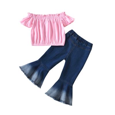 China Breathable Toddler Baby Clothes Off Shoulder Tube Shirt Bell Bottom Jeans Pants Summer Top Outfits for sale