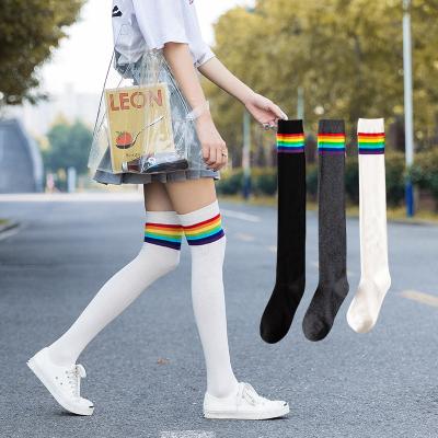 China Comfortable Europe America Rainbow Stripe Socks Ladies School QUICK DRY Socks Woman Over The Knee Socks for sale