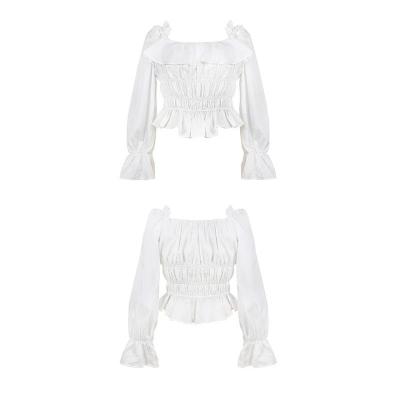 China Factory Price Chiffon Lantern Elastic Ruffle Fashion Ladies Women T-shirts Crop White Short Simple Anti-Shrink Long Blouses Top Sleeve for sale