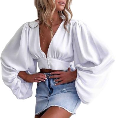 China 2021 Hot Selling Solid Causal Women's Breathable Breathable Shirt Deep V-Neck Breathe Straight Sleeve Blouse for sale